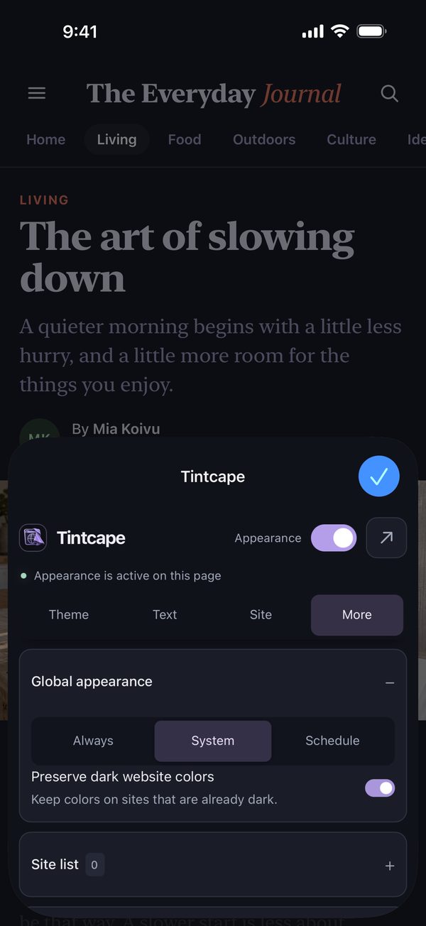 Tintcape’s More tab in Safari with Always, System and Schedule