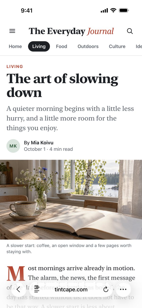 The same website in its original light design, without Tintcape