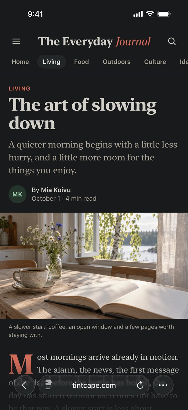 A magazine website in Safari with Tintcape’s Matte Black dark mode