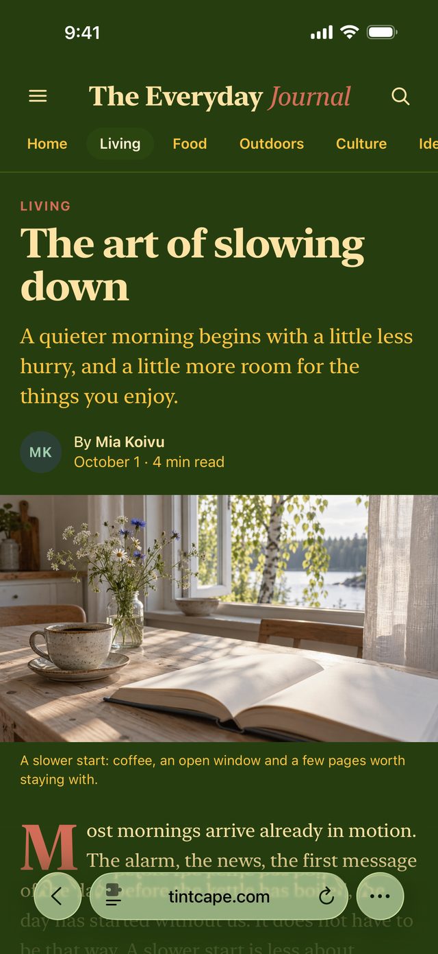 The demo website in dark green with cream text