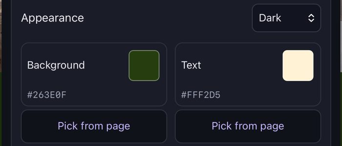 Tintcape’s Background and Text color settings with Pick from page buttons