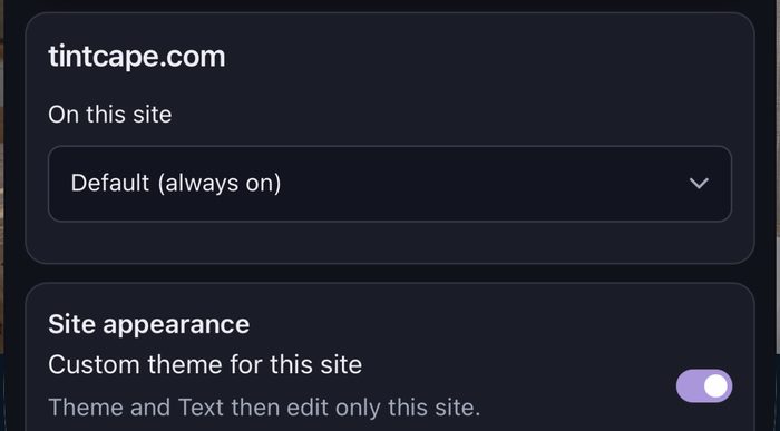 Tintcape’s Site tab with a custom theme for this site