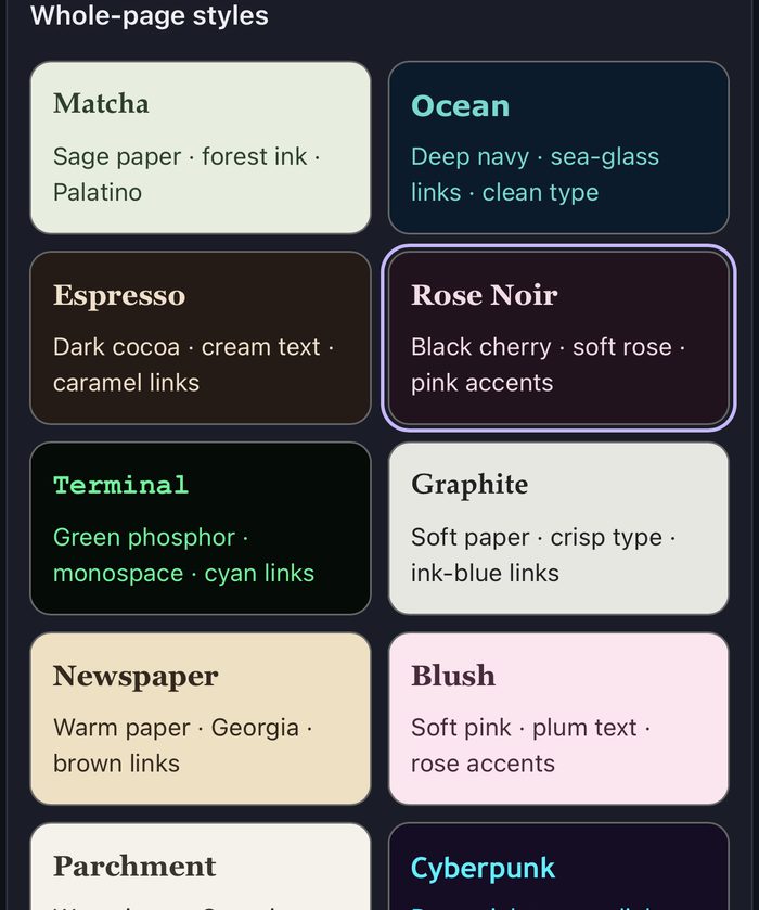 Tintcape’s whole-page styles, including Matcha, Ocean, Espresso and Rose Noir