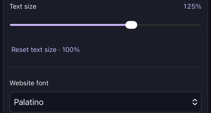 Tintcape’s text size slider at 125 percent and the Palatino website font