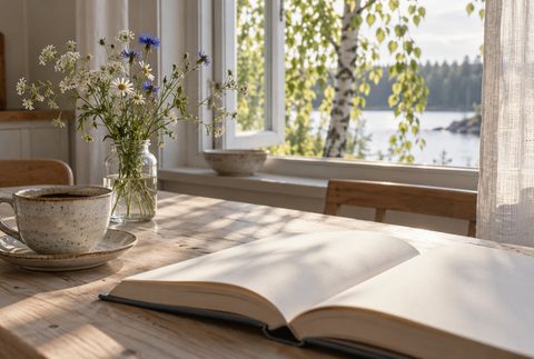Morning light on a wooden table with a cup of coffee, an open book and wildflowers